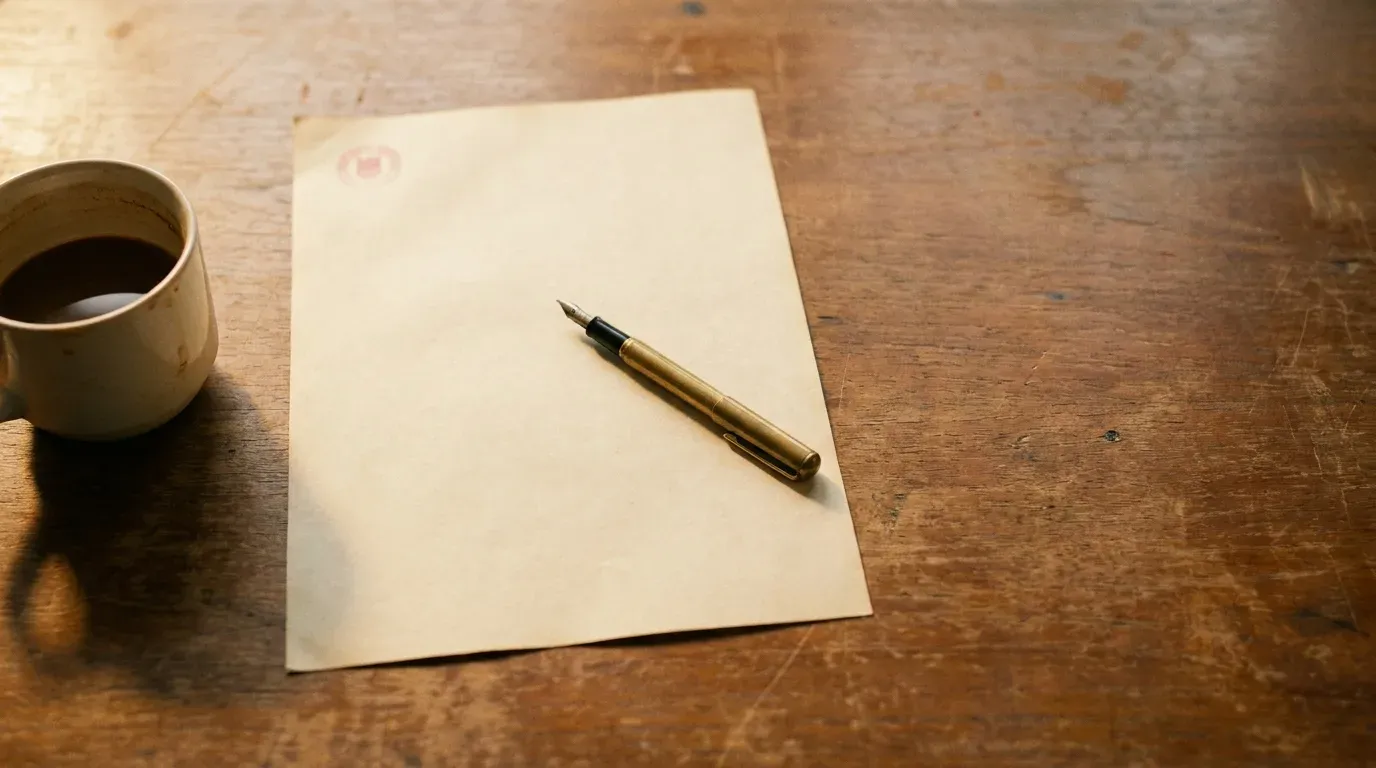 A legal document and brass fountain pen on a wooden desk in warm afternoon light