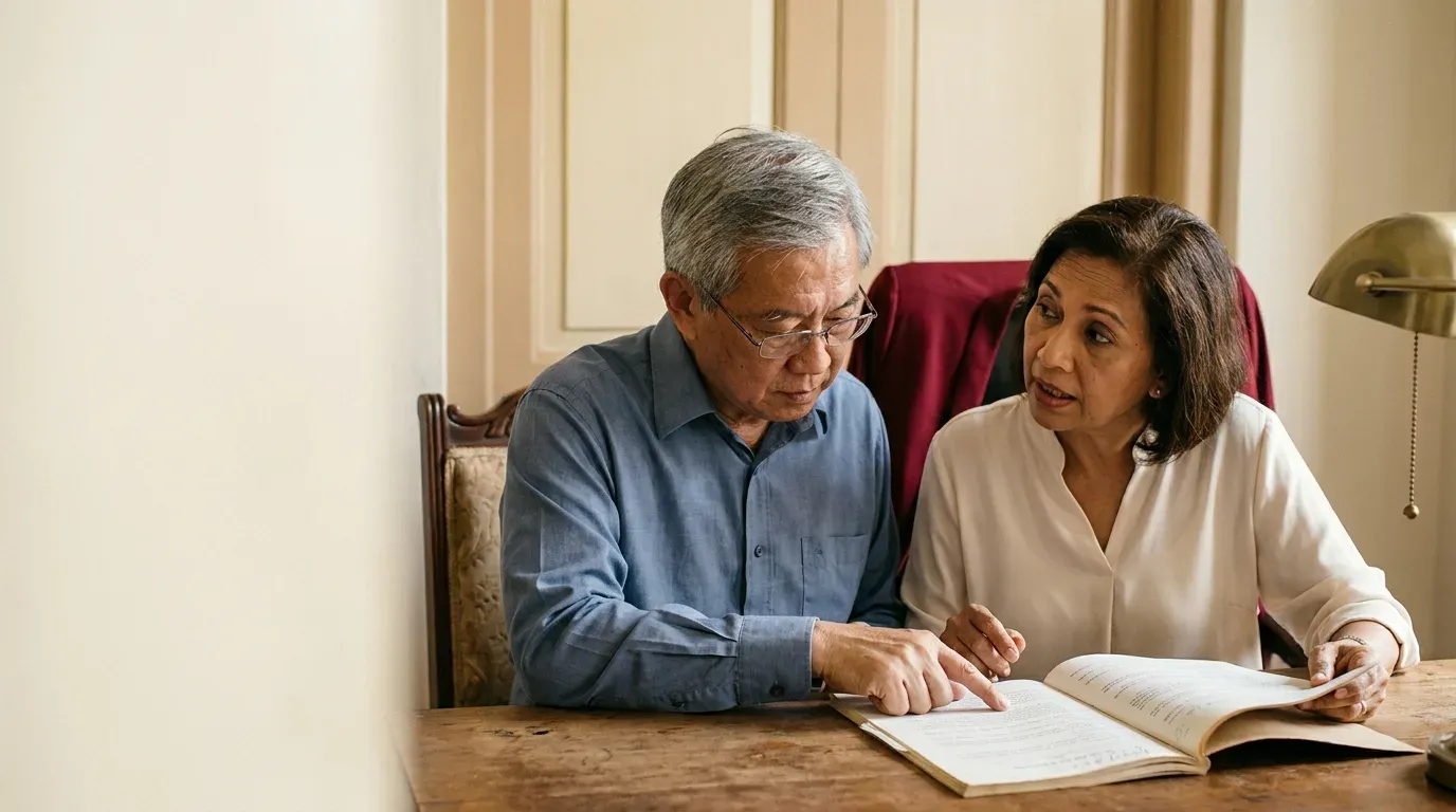 An older Singaporean couple reading a document together at a wooden table