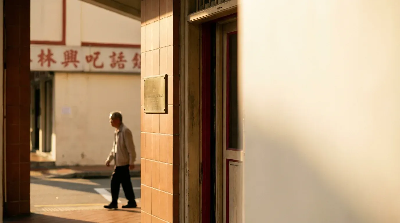 Chinatown Point in golden-hour light — a corner of the building with red signage in the background