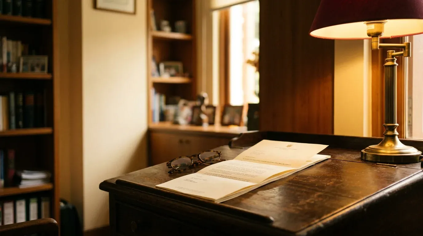 A folded letter on cream stationery beside a brass desk lamp