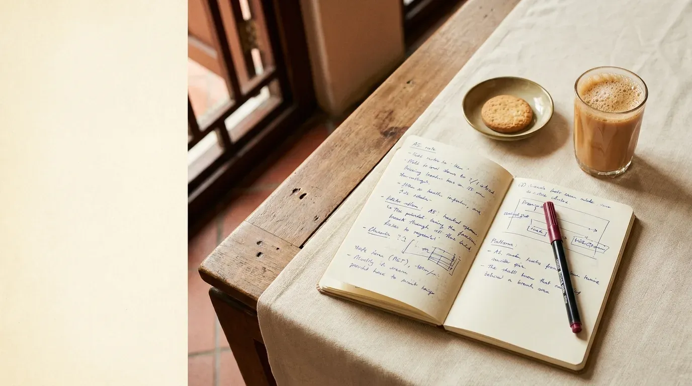 An open notebook with handwritten notes, a pen, and a glass of teh tarik